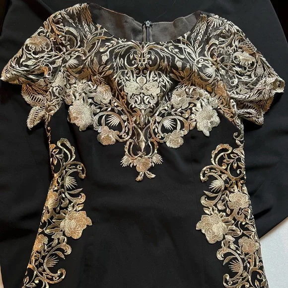 Marchesa Notte Mermaid Black Stretch Crepe and Gold Lace Embroidered Ball Gown 8 - Picture 13 of 16